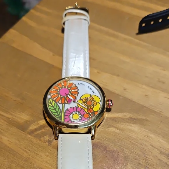 Betsey Johnson Gold-Tone Floral Dial Watch with White Strap - Picture 5 of 5